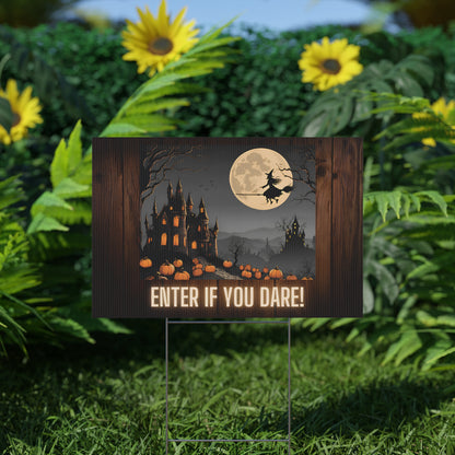 Spooky Halloween Yard Sign – Haunted Castle & Witch Design | Enter If You Dare!