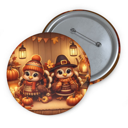 Thanksgiving Turkey Couple Pin Button – Festive Fall Decor Accessory