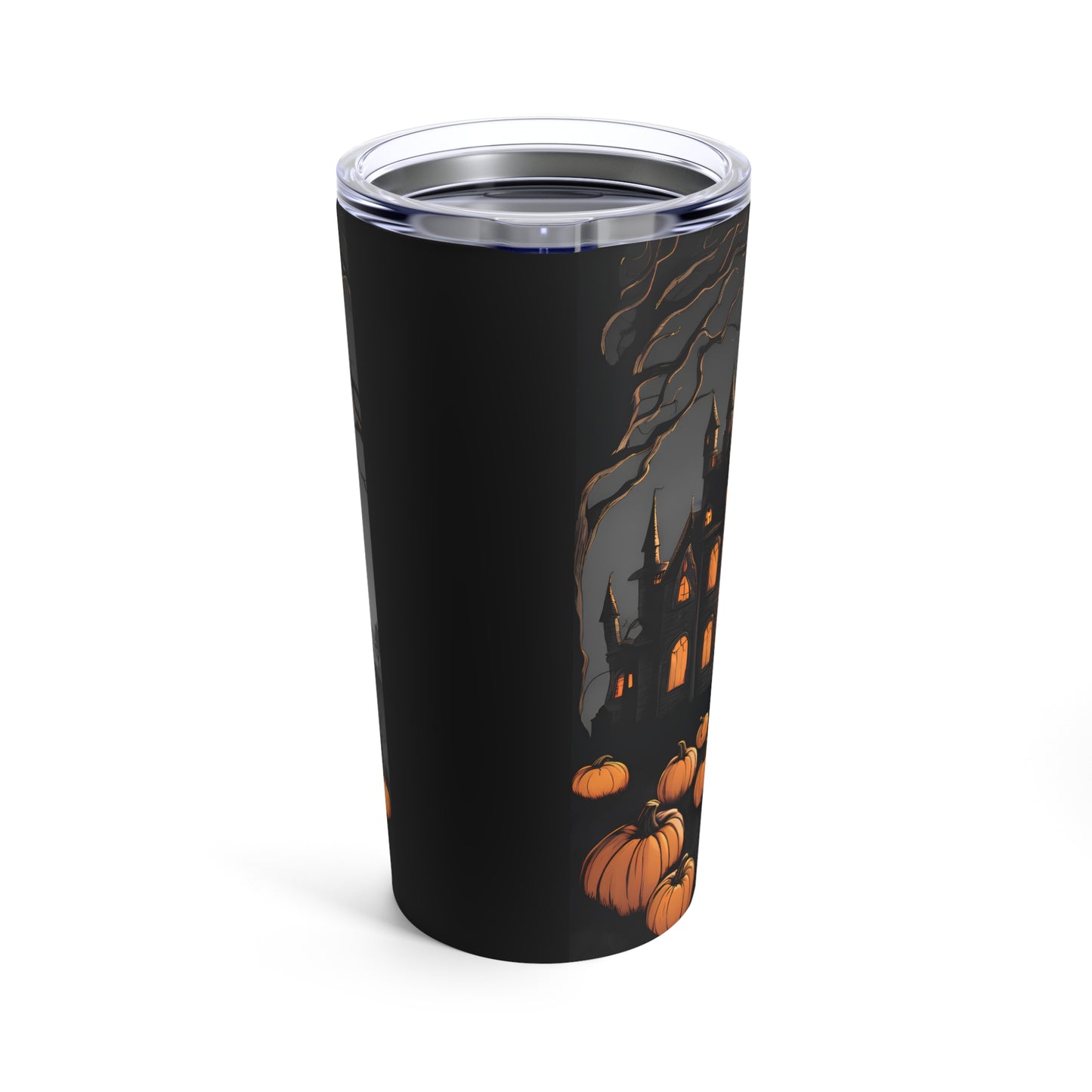 Halloween Tumbler – Witch Flying Over Haunted Castle with Full Moon & Pumpkins | 20oz Insulated Travel Mug