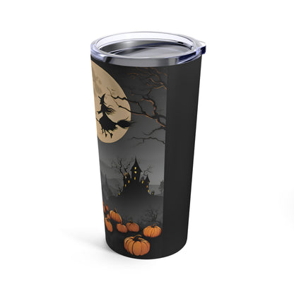 Halloween Tumbler – Witch Flying Over Haunted Castle with Full Moon & Pumpkins | 20oz Insulated Travel Mug