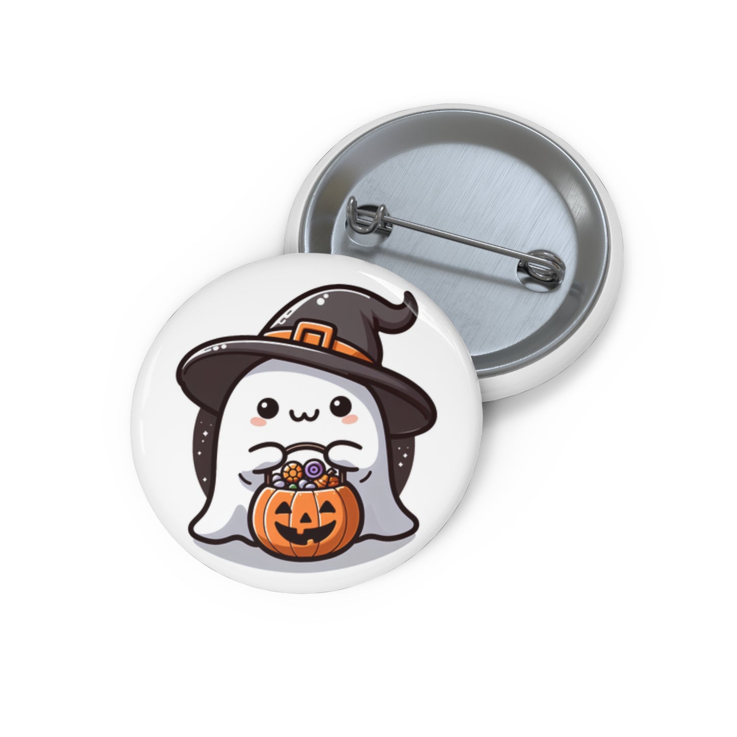 Adorable Ghost Halloween Pin Button with Witch Hat