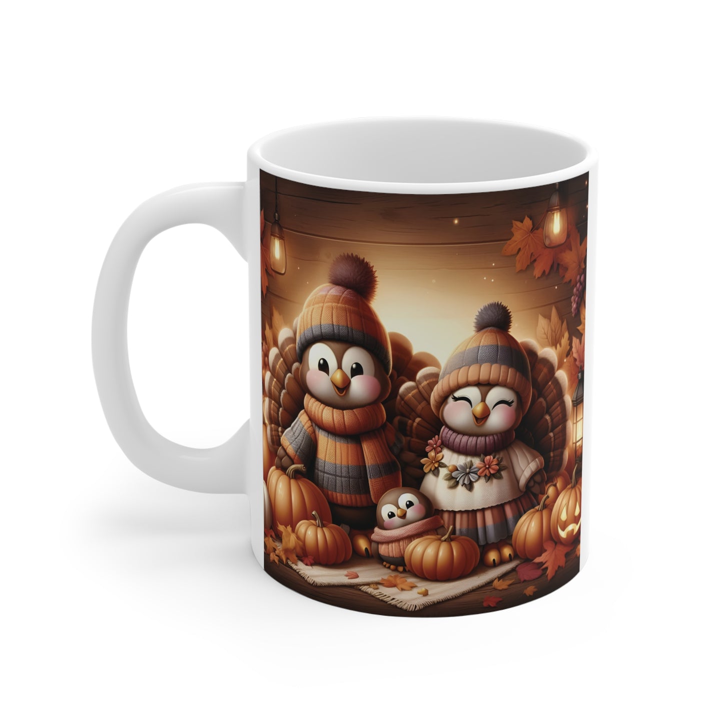 Cozy Thanksgiving Family Mug – Adorable Cartoon Turkeys with Pumpkins and Fall Leaves – 11oz