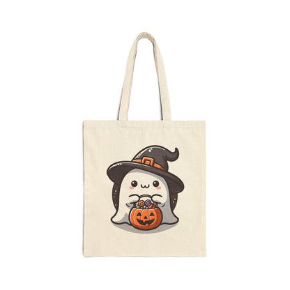 Adorable Ghost Halloween Cotton Canvas Tote Bag with Witch Hat