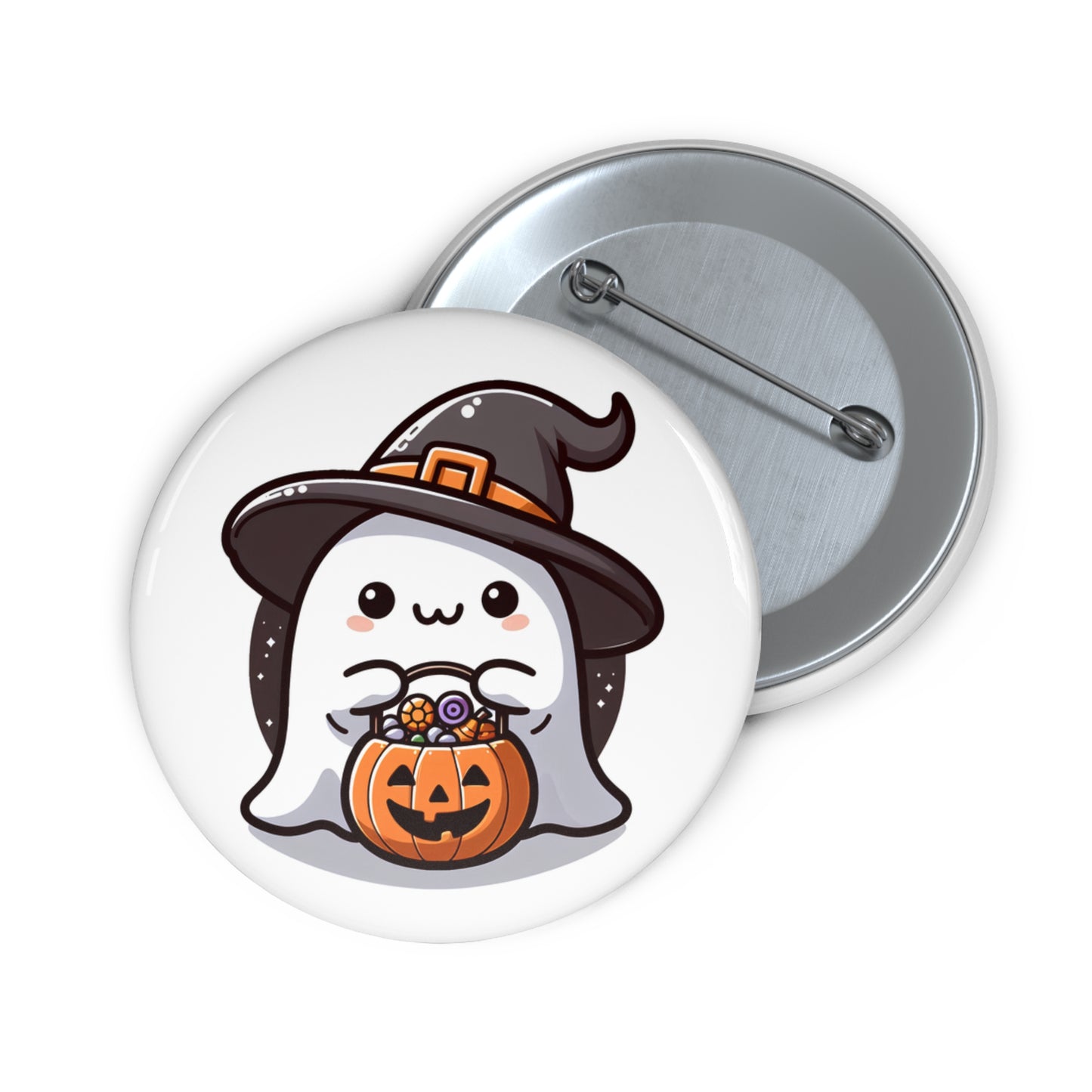 Adorable Ghost Halloween Pin Button with Witch Hat