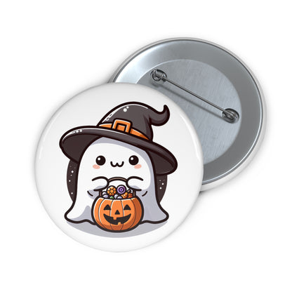 Adorable Ghost Halloween Pin Button with Witch Hat