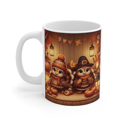 Festive Thanksgiving Mug – Cute Pilgrim Turkeys with Pumpkins and Autumn Decor – 11oz