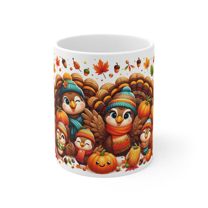 Adorable Thanksgiving Turkey Mug – Cute Cartoon Style Turkeys in Autumn Outfits – 11oz