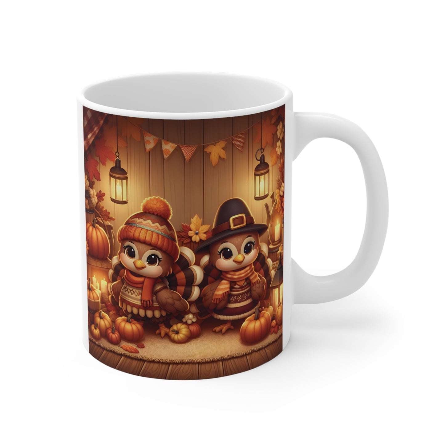 Festive Thanksgiving Mug – Cute Pilgrim Turkeys with Pumpkins and Autumn Decor – 11oz