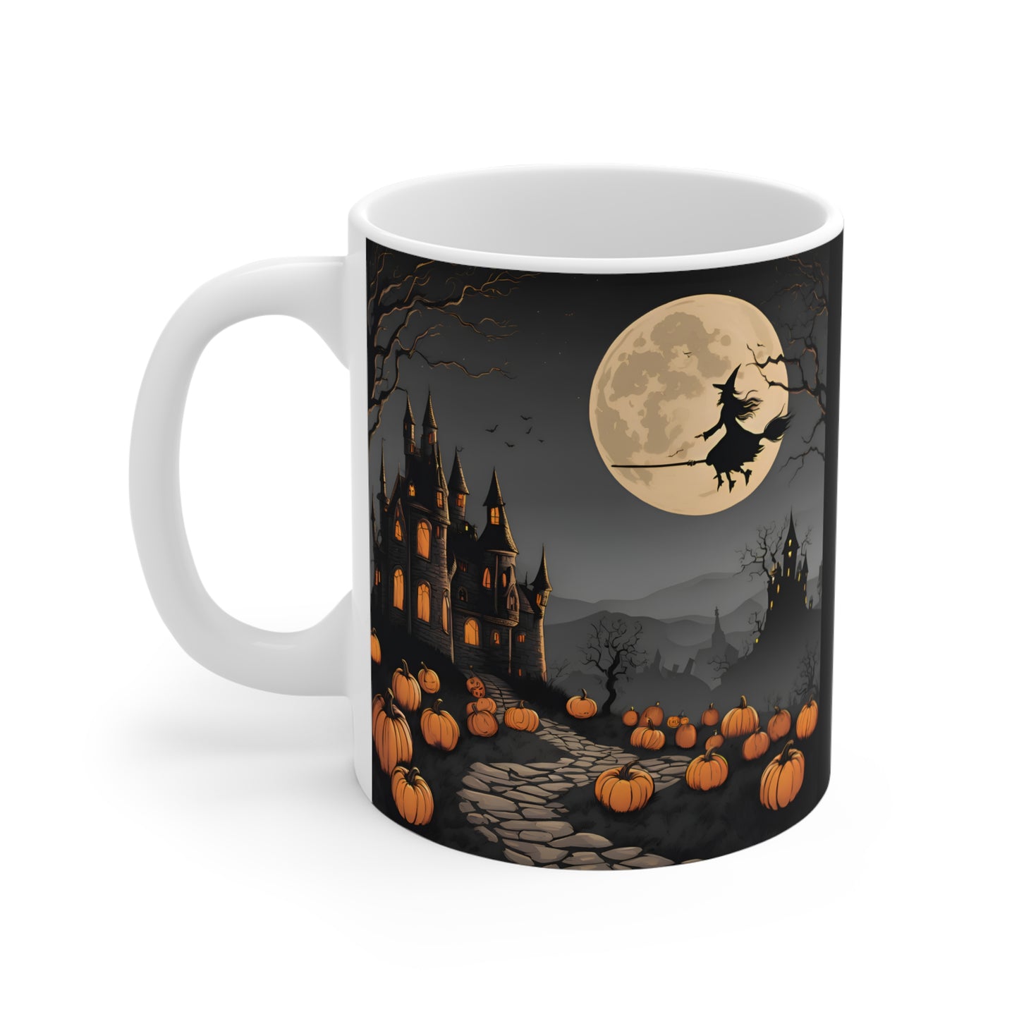 Spooky Halloween Mug – Witch Flying Over Haunted Castle with Full Moon & Pumpkins – 11oz