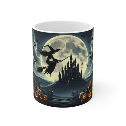 Halloween Mug | Witch Flying Over Haunted Castle - Spooky Full Moon Design – 11oz