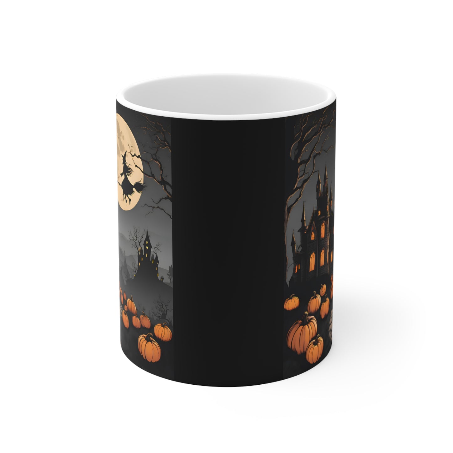 Spooky Halloween Mug – Witch Flying Over Haunted Castle with Full Moon & Pumpkins – 11oz