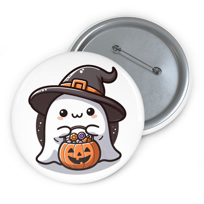 Adorable Ghost Halloween Pin Button with Witch Hat