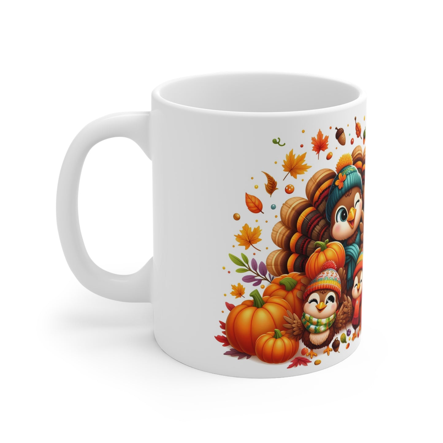 Adorable Thanksgiving Turkey Mug – Cute Cartoon Style Turkeys in Autumn Outfits – 11oz