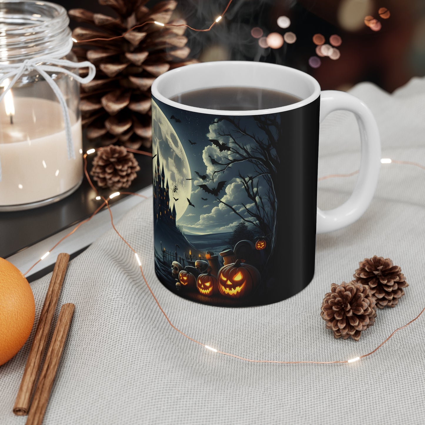 Halloween Mug | Witch Flying Over Haunted Castle - Spooky Full Moon Design – 11oz