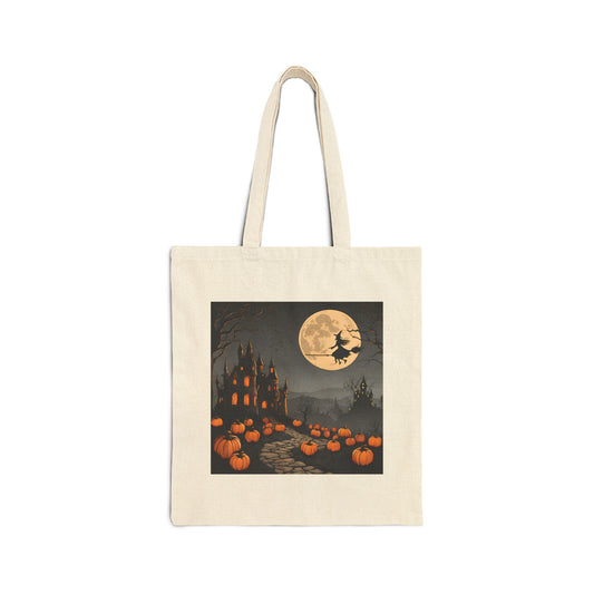 Halloween Tote Bag – Witch Flying Over Haunted Castle | Spooky Full Moon & Pumpkin Design