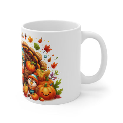 Adorable Thanksgiving Turkey Mug – Cute Cartoon Style Turkeys in Autumn Outfits – 11oz