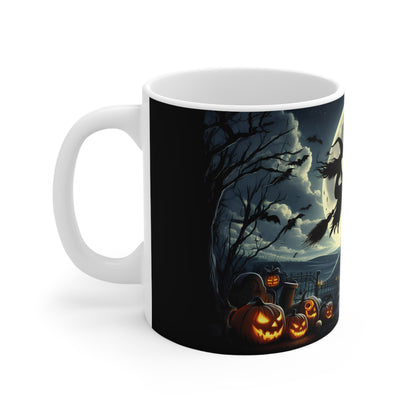 Halloween Mug | Witch Flying Over Haunted Castle - Spooky Full Moon Design – 11oz