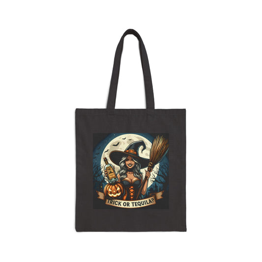 Trick or Tequila? Witch-Themed Halloween Cotton Canvas Tote Bag