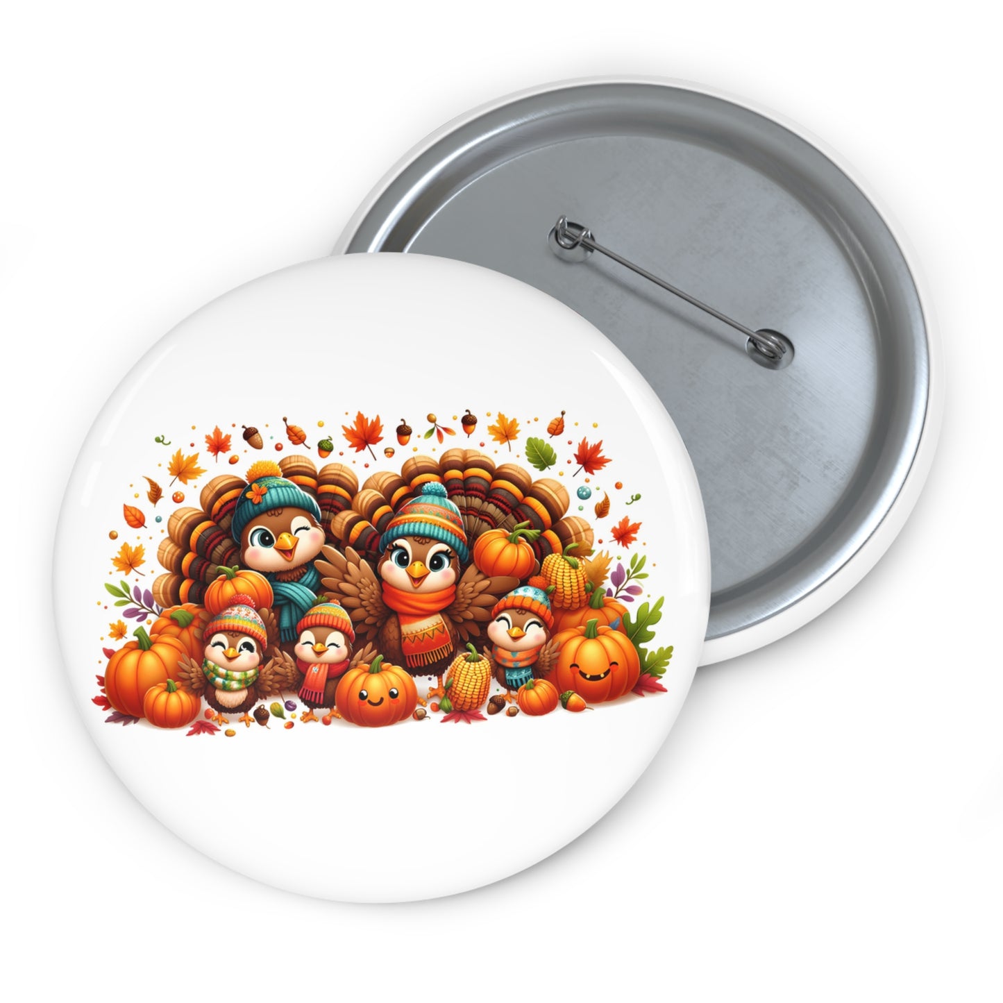 Thanksgiving Family Pin Button - Adorable Autumn Pumpkin Design with Kids and Turkey - Perfect for Fall Celebrations!