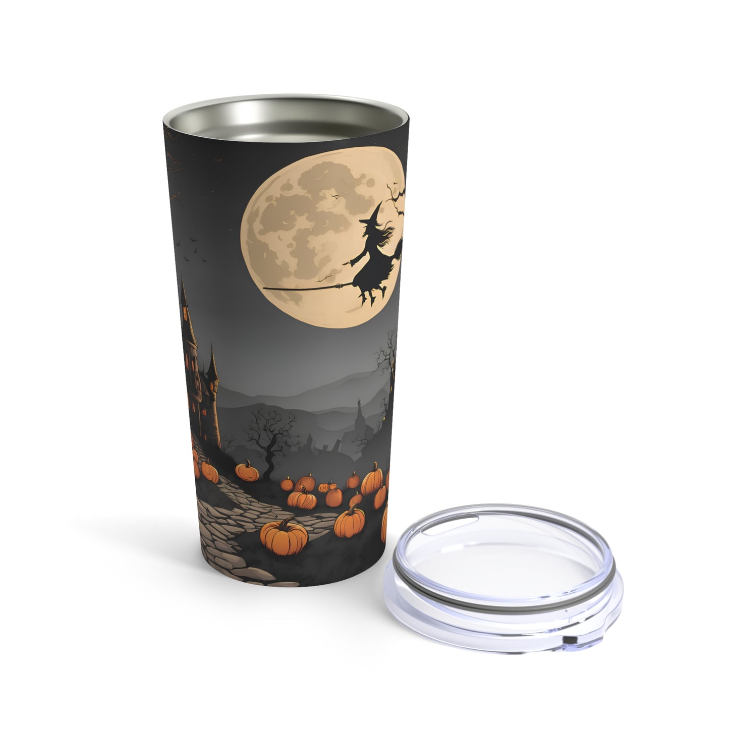 Halloween Tumbler – Witch Flying Over Haunted Castle with Full Moon & Pumpkins | 20oz Insulated Travel Mug