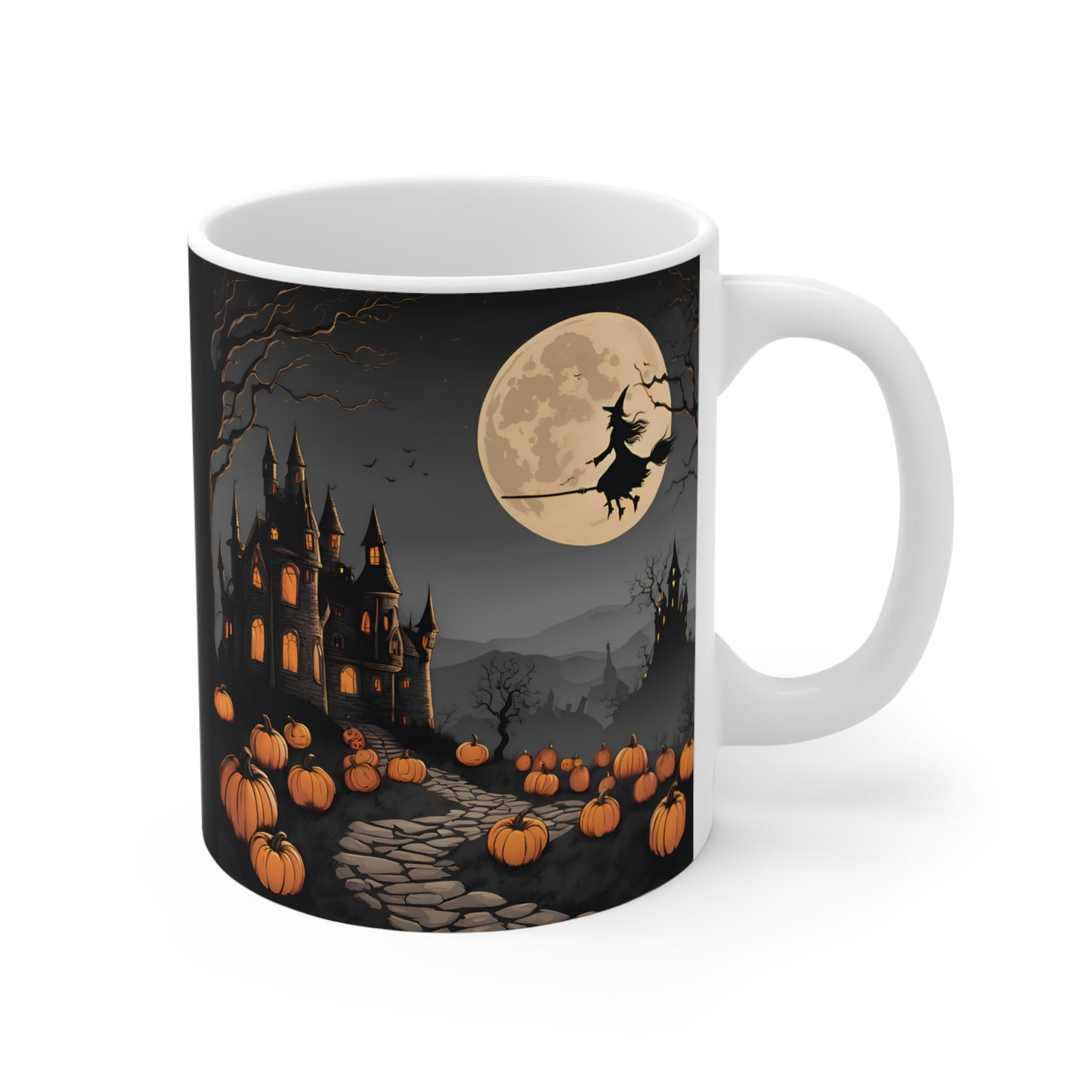 Spooky Halloween Mug – Witch Flying Over Haunted Castle with Full Moon & Pumpkins – 11oz