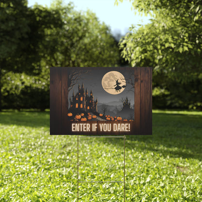 Spooky Halloween Yard Sign – Haunted Castle & Witch Design | Enter If You Dare!