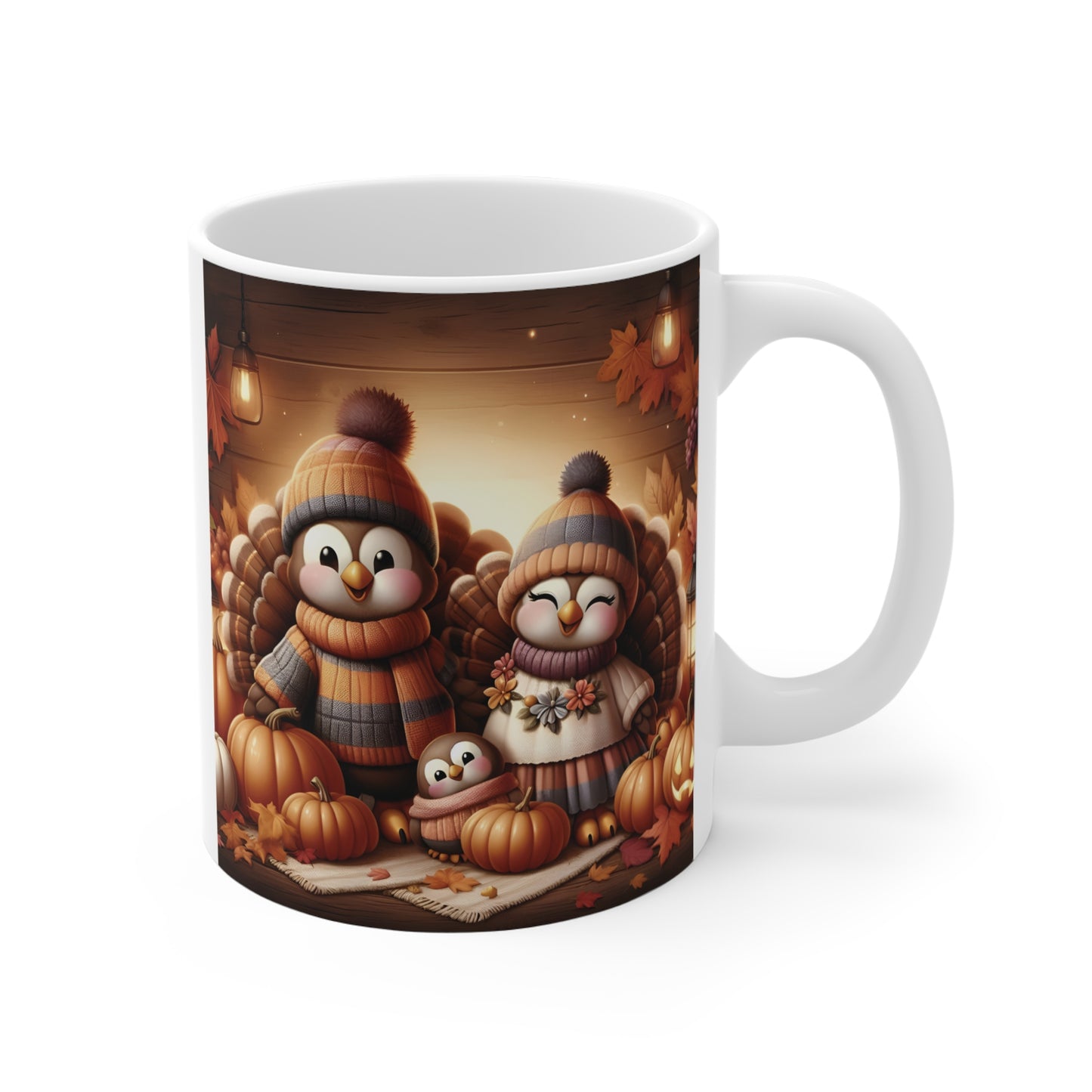 Cozy Thanksgiving Family Mug – Adorable Cartoon Turkeys with Pumpkins and Fall Leaves – 11oz