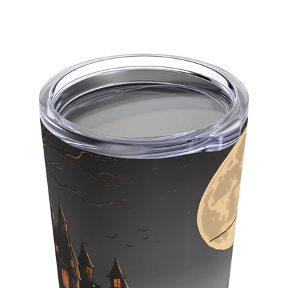 Halloween Tumbler – Witch Flying Over Haunted Castle with Full Moon & Pumpkins | 20oz Insulated Travel Mug