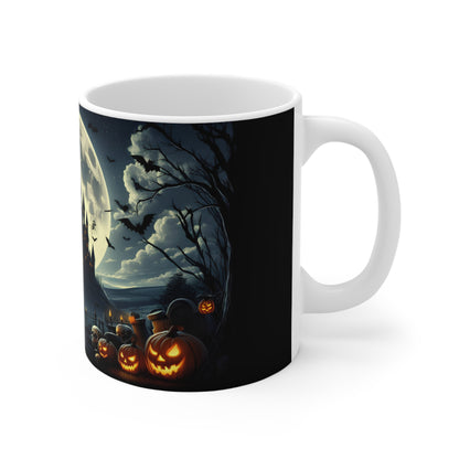 Halloween Mug | Witch Flying Over Haunted Castle - Spooky Full Moon Design – 11oz