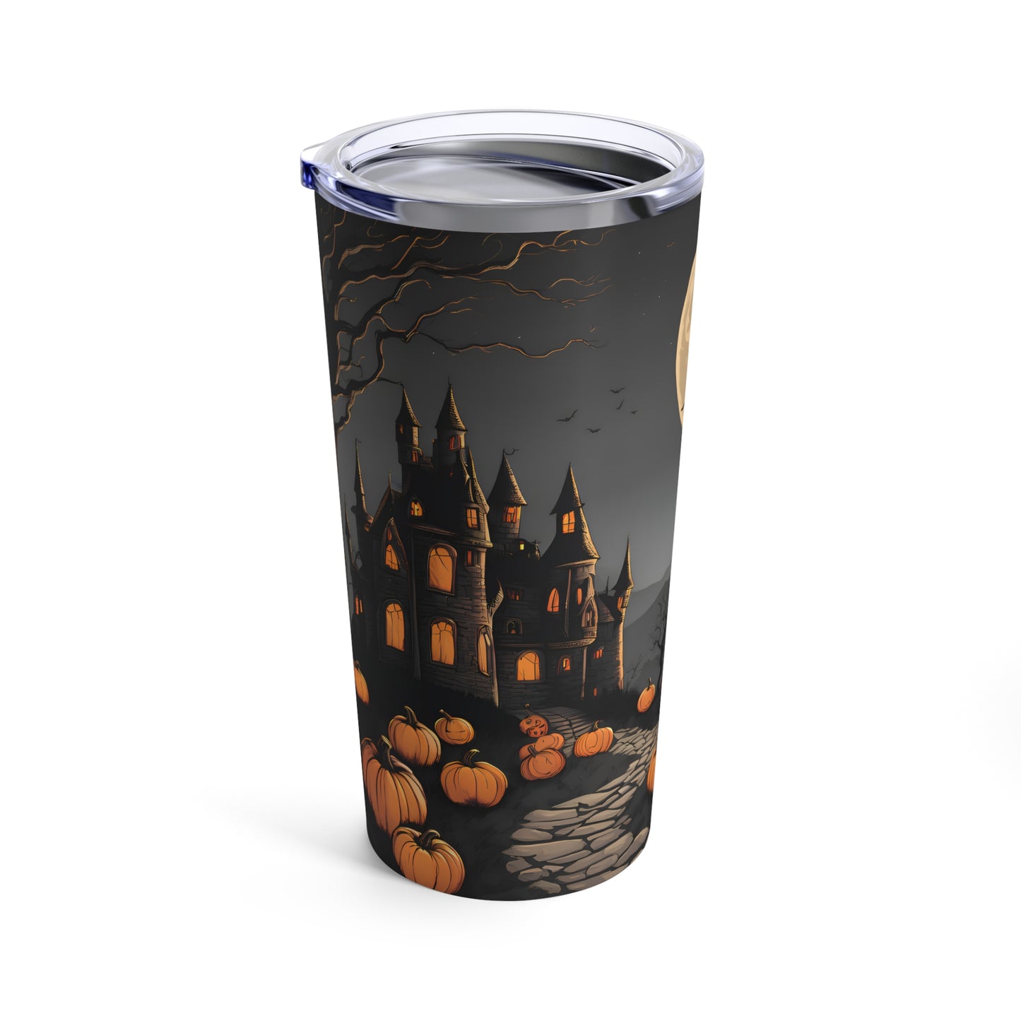 Halloween Tumbler – Witch Flying Over Haunted Castle with Full Moon & Pumpkins | 20oz Insulated Travel Mug