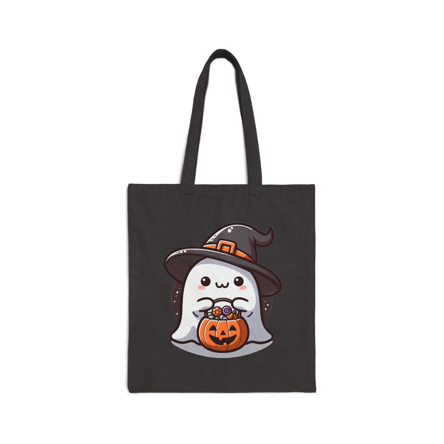 Adorable Ghost Halloween Cotton Canvas Tote Bag with Witch Hat