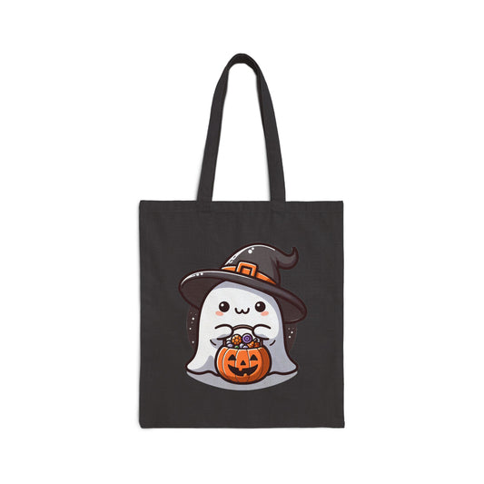 Adorable Ghost Halloween Cotton Canvas Tote Bag with Witch Hat