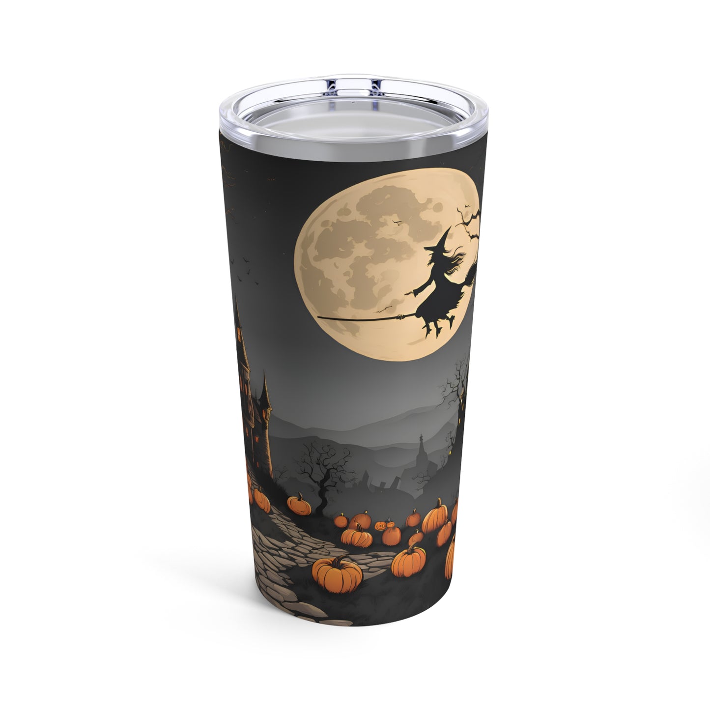 Halloween Tumbler – Witch Flying Over Haunted Castle with Full Moon & Pumpkins | 20oz Insulated Travel Mug