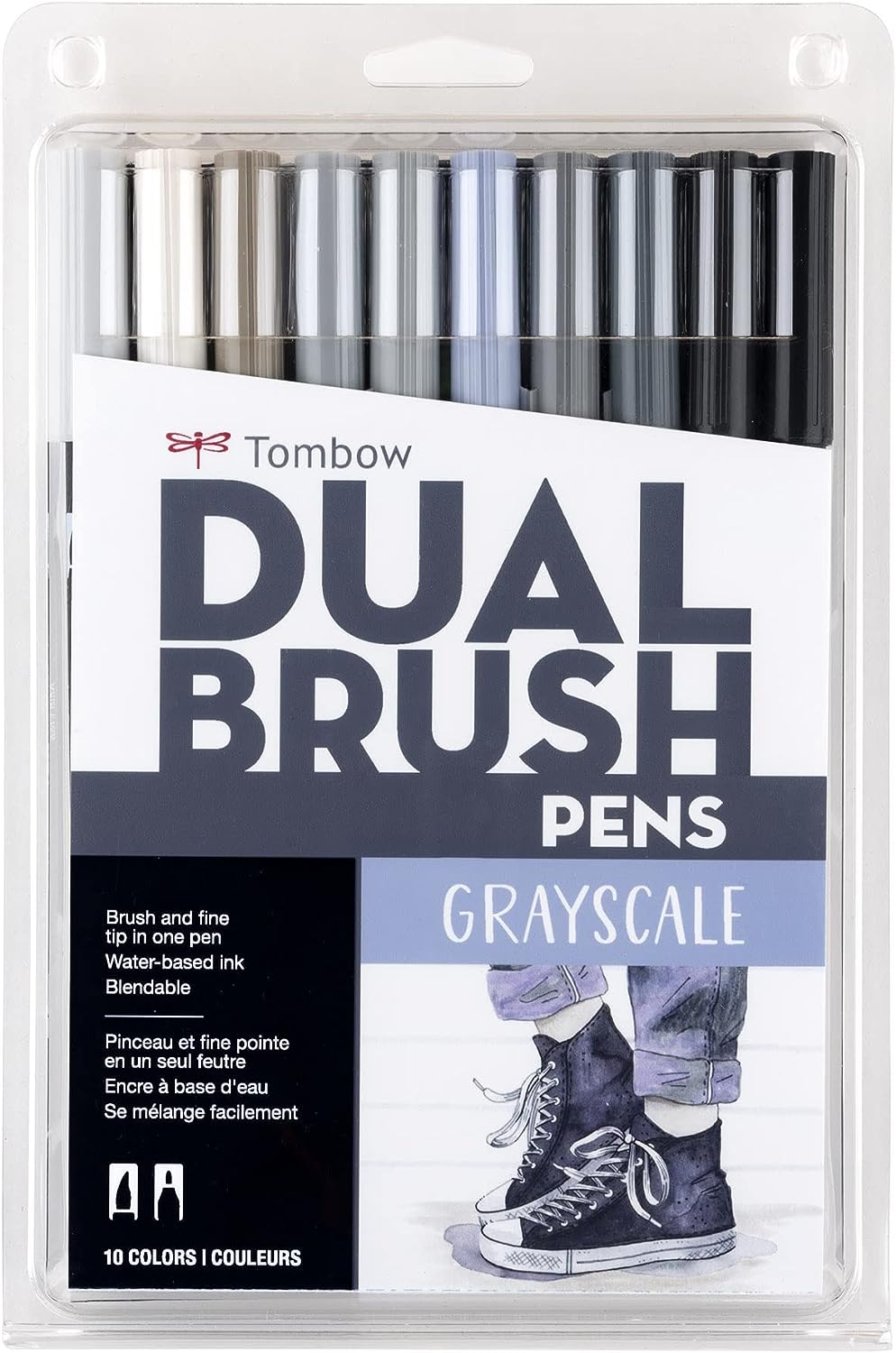 Tombow 56171 Dual Brush Pen Art Markers, Grayscale, 10-Pack. Blendable, Brush and Fine Tip Markers