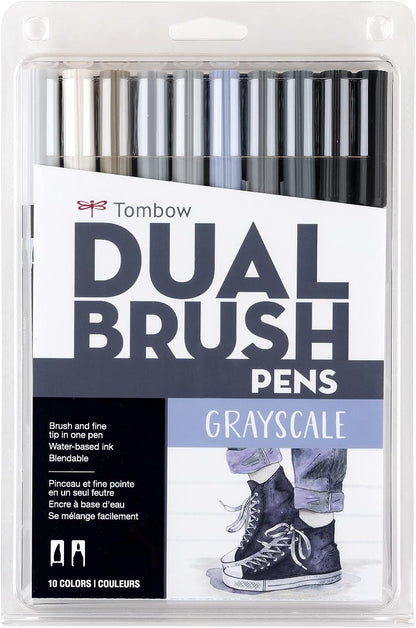 Tombow 56171 Dual Brush Pen Art Markers, Grayscale, 10-Pack. Blendable, Brush and Fine Tip Markers