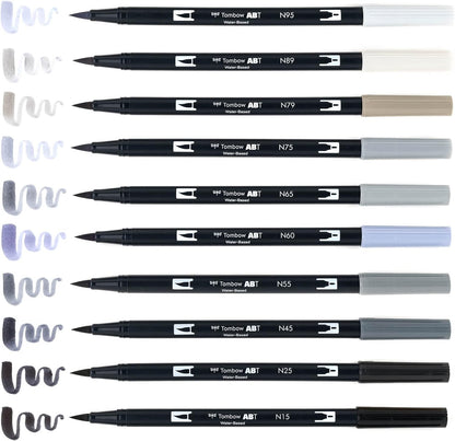 Tombow 56171 Dual Brush Pen Art Markers, Grayscale, 10-Pack. Blendable, Brush and Fine Tip Markers