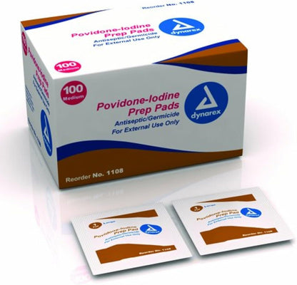 Dynarex Povidone-Iodine Prep Pads - Pack of 100 Pads