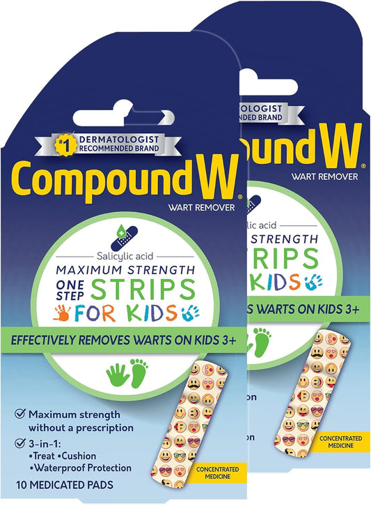 Compound W One Step Wart Remover Strips for Kids, 10 Medicated Strips for Wart Removal, 2 Pack