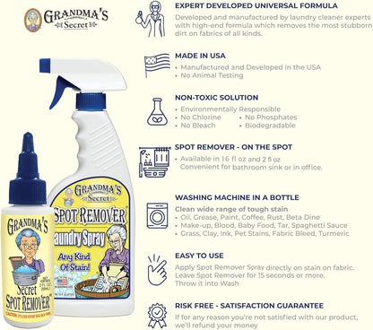 Grandma's Secret Spot Remover Laundry Spray - Chlorine, Bleach and Toxin-Free for Clothes - Fabric Stain Remover Removes Oil, Paint, Blood and Pet Stains - 16 oz & 2 oz Combo, DuoPack