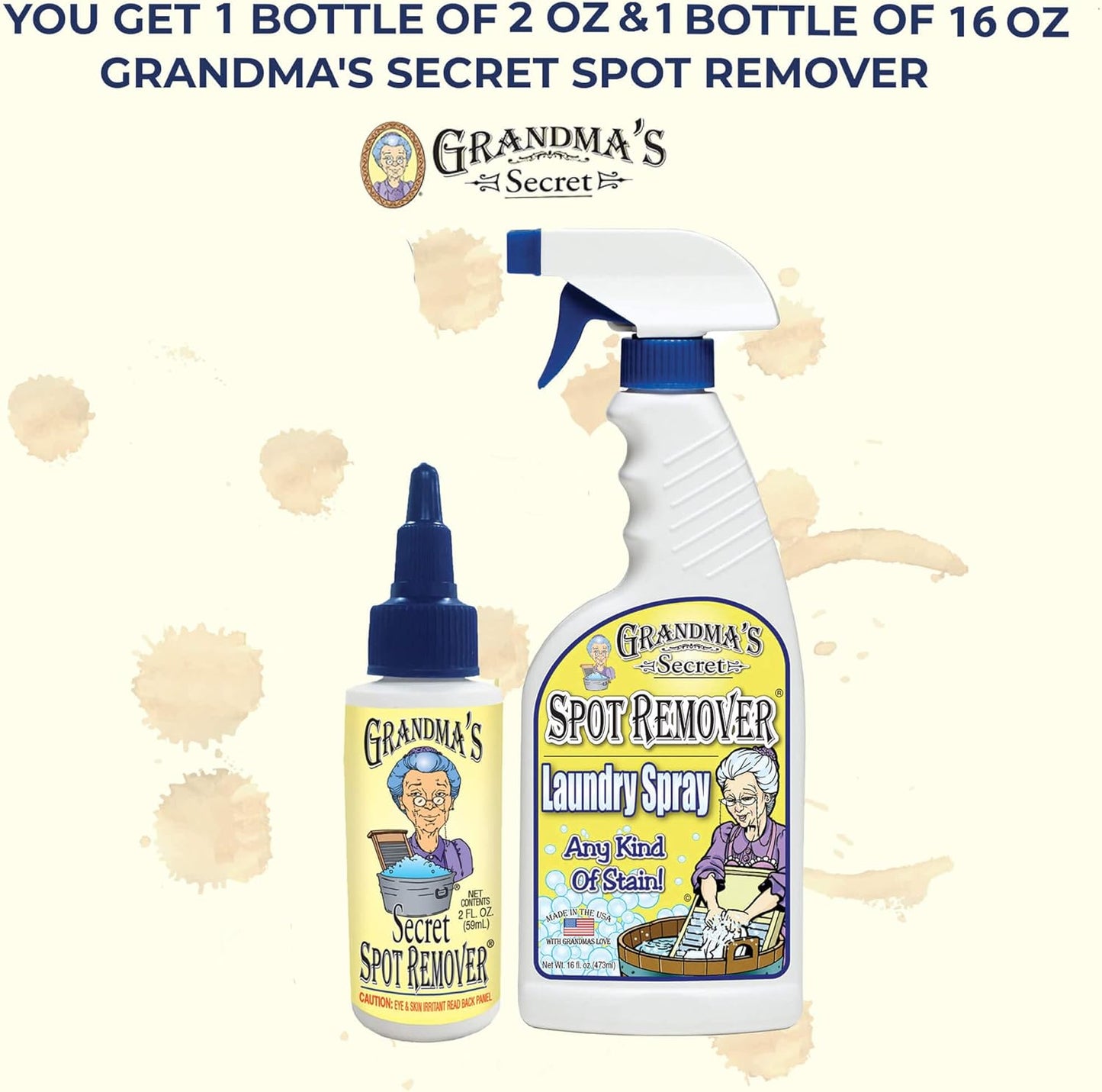 Grandma's Secret Spot Remover Laundry Spray - Chlorine, Bleach and Toxin-Free for Clothes - Fabric Stain Remover Removes Oil, Paint, Blood and Pet Stains - 16 oz & 2 oz Combo, DuoPack