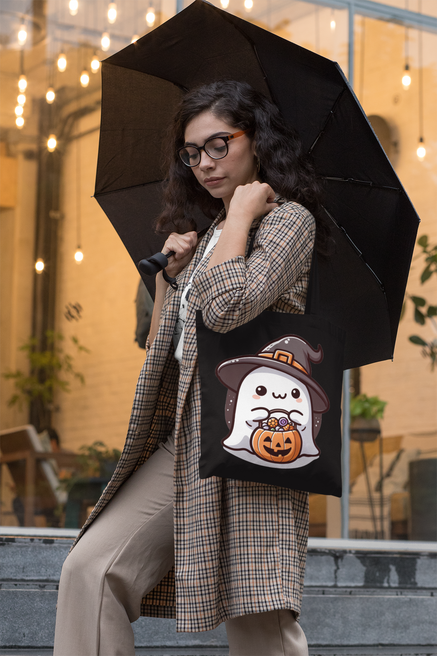 Adorable Ghost Halloween Cotton Canvas Tote Bag with Witch Hat