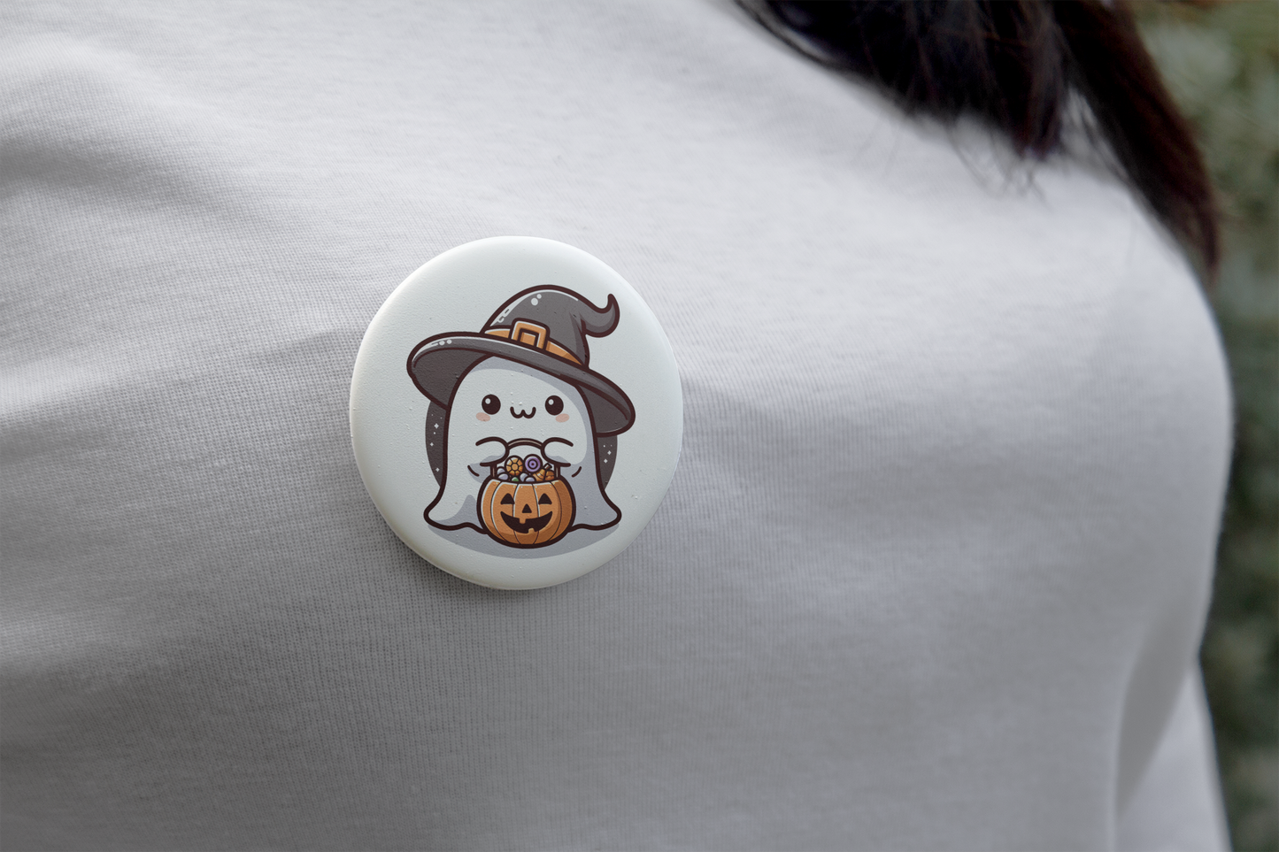 Adorable Ghost Halloween Pin Button with Witch Hat