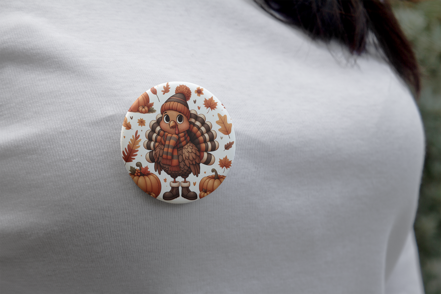 Whimsical Turkey Pin Button – Festive Fall and Thanksgiving Accessory