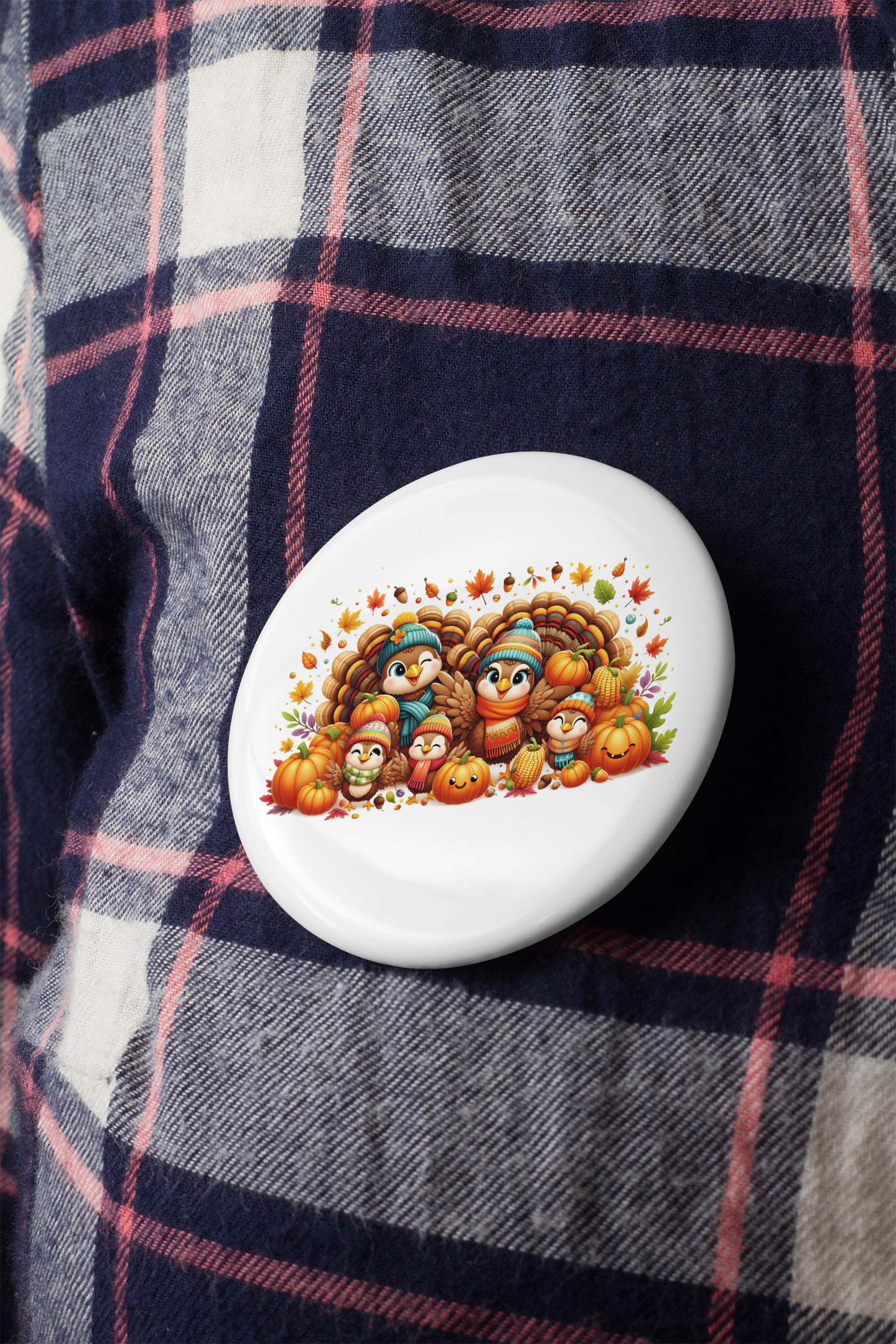 Thanksgiving Family Pin Button - Adorable Autumn Pumpkin Design with Kids and Turkey - Perfect for Fall Celebrations!