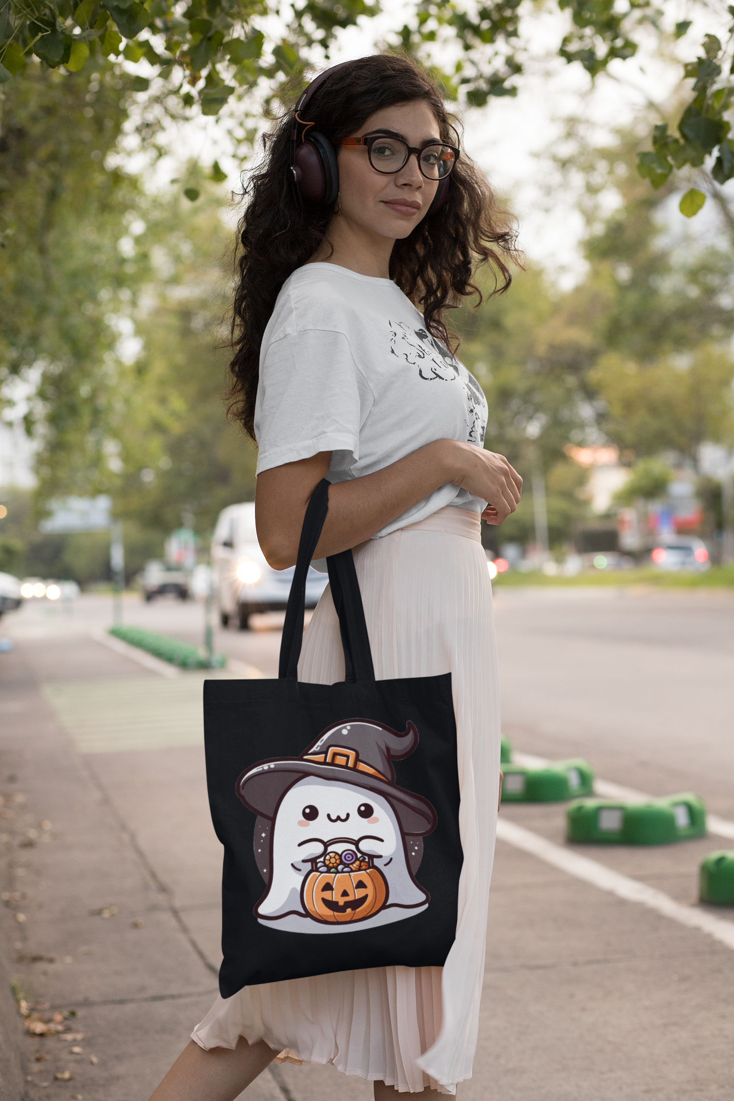 Adorable Ghost Halloween Cotton Canvas Tote Bag with Witch Hat